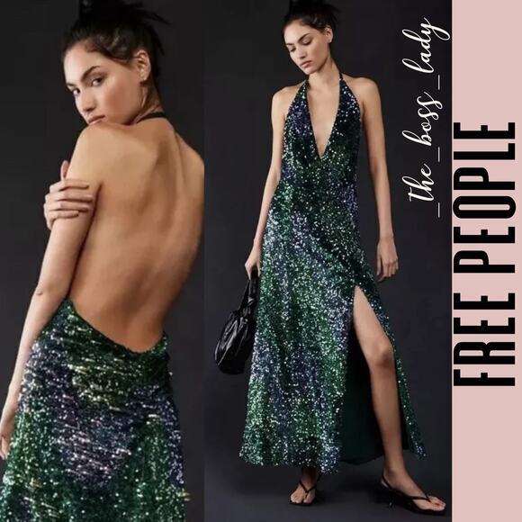Free People maxi dress sequins on velvet halter slit event evening prom dress - Picture 1 of 10
